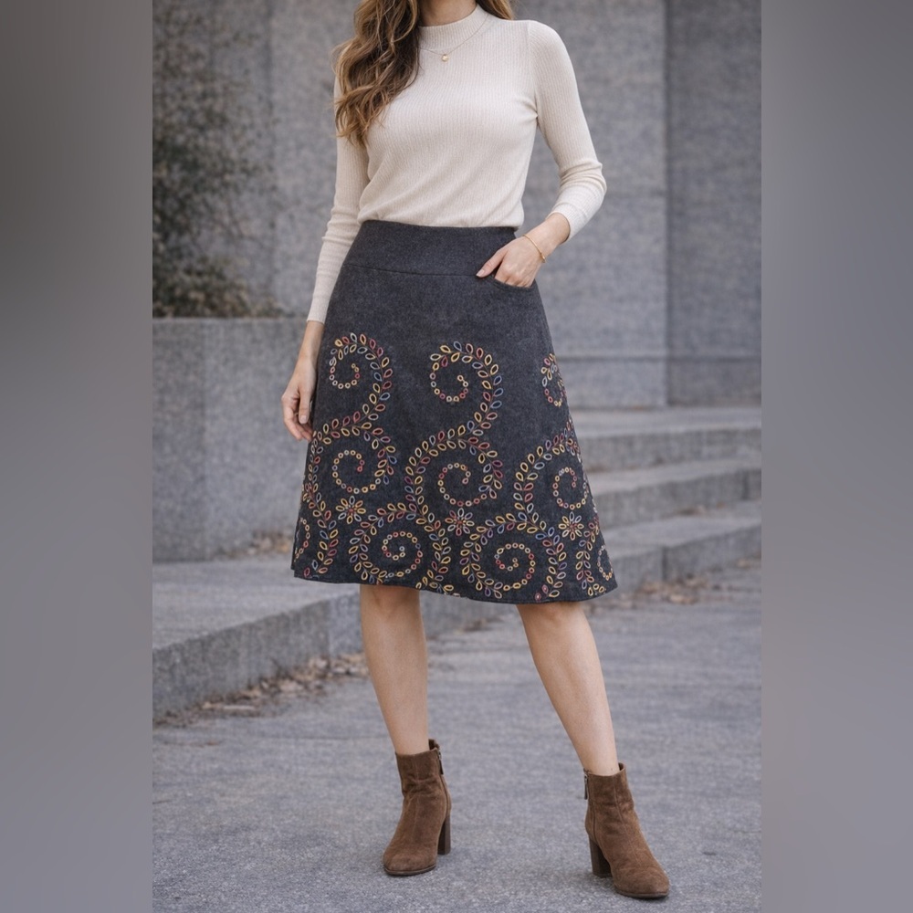 Wool A-Line Skirt Embroidered Multicolor Boho Festival Fall M